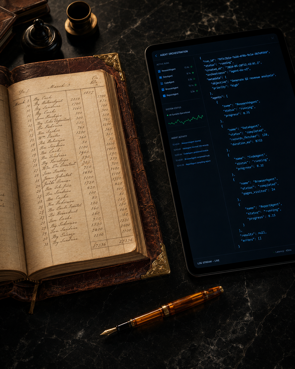 Vintage ledger and modern agent-orchestration tablet on a dark obsidian surface, representing the bridge from finance heritage to production AI